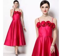 Vestito Fucsia Glamour Con Rosoni Couture E Gonna Corolle Elegante CF71934