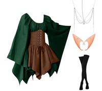 Vestito Gotico Da Donna Gotico Da Palazzo Vintage Costumi Di Halloween Medievale Vestito Da Steampunk Carnevale Rinascimentale con Orecchie da Elfo, Accessori per Capelli, Calze Sopra il Ginocchio