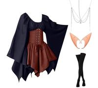 Vestito Gotico Da Donna Gotico Da Palazzo Vintage Costumi Di Halloween Medievale Vestito Da Steampunk Carnevale Rinascimentale con Orecchie da Elfo, Accessori per Capelli, Calze Sopra il Ginocchio