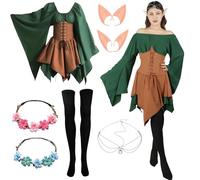Vestito Gotico Donna, Abito Tradizionale Irlandese da Donna Vestito Medievale Donna Costume Elfo Donna Rinascimentale Costume per Donna con Orecchie da Elfo, Accessori per Capelli, Calze Sopra