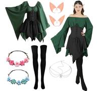 Vestito Gotico Donna, Abito Tradizionale Irlandese da Donna Vestito Medievale Donna Costume Elfo Donna Rinascimentale Costume per Donna con Orecchie da Elfo, Accessori per Capelli, Calze Sopra