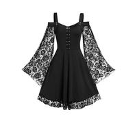 Vestito Gotico Donna Halloween Carnevale Con Maniche Lunghe in Pizzo - Abito Spalle Scoperte Costume Strega Punk Vintage Medievale Vittoriano - Autunno Nero L