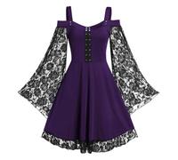 Vestito Gotico Donna Slim Fit, Abito Retrò Medievale da Donna In Pizzo Elegante Vestito Cerimonia Maniche Svasate con Spalle Scoperte Abito da Sera Costume Rinascimentale/medievale per Halloween