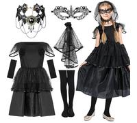 Vestito Halloween Bambina Costume Sposa Fantasma, Costume da Sposa Cadavere Nero per Carnevale (110-120CM)