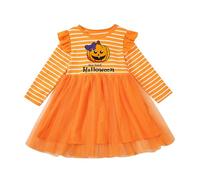 Vestito Halloween Bambina Mercoledì - Ragazze del bambino Lettere Cartoon Stampa di zucca Manica volante Manica lunga Striscia Abito in Abito da principessa Abbigliamento per bambini (Black 6-7 Years)