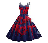 Vestito Halloween da donna, abito Audrey Hepburn, Vita Holder Corset Stampato Splicing Vampiro Spalline Collo Gonne Vita Alta Gotico Retrò Insanguinamento Swing Matrimonio Festa Abiti