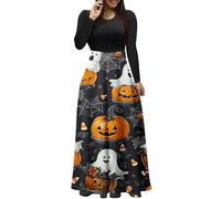 Vestito Halloween Donna con Zucca Fantasma Stampa Abito Halloween Girocollo Vestiti Patchwork Vestito Medievale Abbigliamento Maniche Lunghe Rockabilly Midi Abito Party Abiti da Cocktail Sera