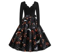 Vestito Halloween Donna con Zucca Spettrale Stampa Abito Medievale Donna Scollo a V Abiti Elegante Vita Alta Vestito con Coulisse Vestiti Lungo Costume Halloween da Sera Curvy Cocktail Abito Cerimonia
