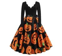 Vestito Halloween Donna con Zucca Spettrale Stampa Abito Medievale Donna Scollo a V Abiti Elegante Vita Alta Vestito con Coulisse Vestiti Lungo Costume Halloween da Sera Curvy Cocktail Abito Cerimonia