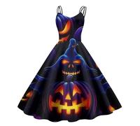 Vestito Halloween Donna, Vestiti Donna Eleganti da Cerimonia Vintage Stampa alla Moda Abiti con Spalline Morbido Comfort Abito a Trapezio Sexy Abiti da Ballo Taglie Forti con Stampa di Halloween
