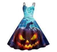 Vestito Halloween Donna, Vestiti Donna Eleganti da Cerimonia Vintage Stampa alla Moda Abiti con Spalline Morbido Comfort Abito a Trapezio Sexy Abiti da Ballo Taglie Forti con Stampa di Halloween