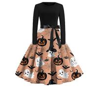 Vestito Halloween Donna Zucca A-Line Midi Retro Pipistrelli Abito da Sera Vita Alta Maniche Lunghe/Senza Party Prendisole Swing Carnival Festa