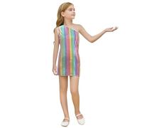 Vestito Halloween Vampira Bambina - Vestito Sottoveste Senza Maniche con Stampa di Paillettes quadrate per Ragazze con Scollo Rotondo Orlo Asimmetrico Costume Estivo da Festa (Multicolour 13-14Years)