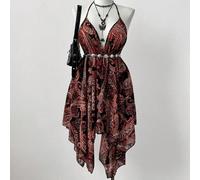 Vestito in chiffon tagliato, con bretelle a spaghetti, taglia grande, decorato con patchwork in tessuto traslucido, perline, motivi hippie e western, adatto a festival, stile boho, cowgirl, vacanze, a