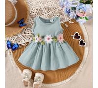 Vestito in cotone verde traspirante senza maniche per neonata, con ricamo floreale, stile resort comodo, adatto per uscite primaverili/estive, feste, servizi fotografici, scuola, da 1 a 9 mesi 6-9M,0-