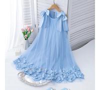 Vestito in maglia blu con perle per bambine, adatto per l'uso quotidiano, realizzato in tessuto di chiffon azzurro chiaro, decorato con accenti di perle, orlo con volant a più strati, stile dolce e so