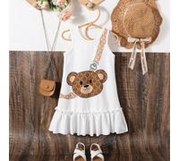 Vestito largo con stampa grafica di orsacchiotto carino per ragazze, adatto per uscite, fotografia o abbigliamento casual in primavera/estate, si abbina bene con sandali, misure per ragazze di età 4-7