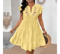 Vestito linea A Baby Doll oversize con scollo a V, con ricamo floreale e balze sul fondo 0XL,1XL,2XL,3XL,4XLPianteTessuto intrecciato