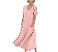 Vestito Lino Bambina Estivo a Maniche Corte con Tasca Abito Elegante A-Line Abito Principessa per Ragazza 5-16 Anni Abiti da Sposa per Feste Completi Scolastici Abbigliamento Bambine