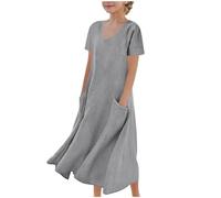 Vestito Lino Bambina Estivo a Maniche Corte con Tasca Abito Elegante A-Line Abito Principessa per Ragazza 5-16 Anni Abiti da Sposa per Feste Completi Scolastici Abbigliamento Bambine