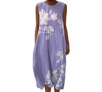 Vestito Lino Donna Estivo Elegante Floreale Prendisole Girocollo Senza Maniche con Tasche Copricostume Mare Spiaggia Taglie Forti Comode Curvy Moda Bohemien 2026 Chic Leggero