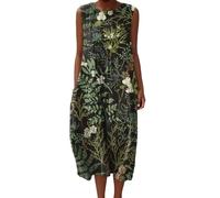 Vestito Lino Donna Estivo Elegante Floreale Prendisole Girocollo Senza Maniche con Tasche Copricostume Mare Spiaggia Taglie Forti Comode Curvy Moda Bohemien 2026 Chic Leggero