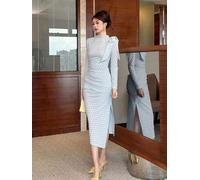 Vestito Longuette Elegante Azzurro Polvere Aderente Drappeggio E Fiocco CF61330