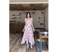 Vestito Lungo A Scacchi Bianco E Rosso Con Bretelle E Gonna Asimmetrica CF40974