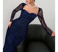 Vestito lungo aderente da donna per festa/appuntamento serale/cena, dal design sexy a forma di S, maniche lunghe in pizzo, scollo quadrato, colore nero, per autunno/inverno L,M,S,XSColore unico,stampa