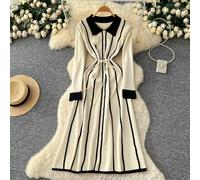 Vestito Lungo Albicocca A Righe Verticali Con Bottoni Stile Bon Ton CF61292