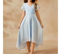 Vestito lungo asimmetrico in chiffon blu con scollo a V, senza maniche e vita alta per ragazze, elegante 8Y,9Y,10Y,11Y,12YColore unicoChiffon