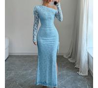 Vestito lungo casual da donna con maniche lunghe, scollo obliquo, pizzo semplice e spacchi laterali L,M,S,XLBlocchi di colore,Colore unicoPizzo