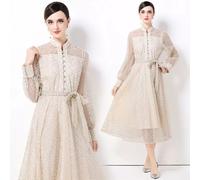 Vestito Lungo Cerimonia Albicocca Pizzo Con Cintura E Bottoni Eleganti CF62864