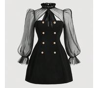 Vestito lungo con maniche a palloncino in rete a contrasto, dolcevita nero con fiocco al collo, abito nero trasparente sulla schiena con fiocco al collo, abito nero per il ritorno a scuola 0XL,1XL,2XL