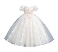Vestito lungo da damigella d'onore, in tulle, increspato, da concorso, scintillante, linea ad A, abito da festa per compleanno, per bambine di 5 anni (beige, 8-9 anni)