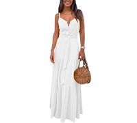 Vestito lungo da donna con scollo a V e bretelle lunghe da spiaggia casual lungo maxi abito prendisole estivo 2024 abito dolce midi, bianco, L