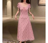 Vestito lungo da donna con stampa all-over a fiocchi dolci, patchwork in pizzo, maniche a petalo corte, vita arricciata, outfit estivo, camicia da notte L,M,SGeometricoTessuto in maglia