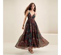 Vestito lungo da donna estivo con stampa vegetale, con spalline incrociate e schiena scoperta, adatto per l'isola L,M,S,XLFloreale,Tribale,Piante,stampa dappertuttoTessuto intrecciato