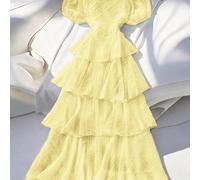 Vestito lungo da donna, stile romantico francese, elegante e casual, adatto per il lavoro, le vacanze, il pomeriggio del tè e le feste, con collo quadrato, volant a più strati, maniche a lanterna e po