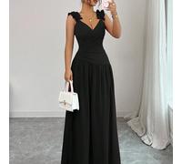 Vestito lungo da donna, stile romantico francese, elegante e casual, adatto per il lavoro, le vacanze, il pomeriggio del tè, con scollo a V, vita arricciata, balze sul fondo, spalline sottili, di alta