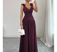 Vestito lungo da donna, stile romantico francese, elegante e casual, adatto per il lavoro, le vacanze, il pomeriggio del tè, con scollo a V, vita plissettata, balze sul fondo, spalline sottili, di alt
