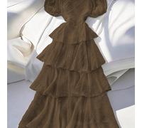 Vestito lungo da donna, stile romantico francese, elegante e casual, adatto per il lavoro, le vacanze, il pomeriggio del tè, con scollo quadrato, balze a più strati, maniche a lanterna con polsini ela