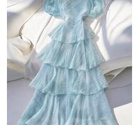 Vestito lungo da donna, stile romantico francese, elegante e casual, adatto per il pendolarismo, le vacanze, il pomeriggio del tè, con collo quadrato, balze a più strati, maniche a lanterna e polsini 