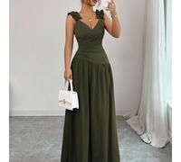 Vestito lungo da donna, stile romantico francese, elegante e casual, adatto per il pendolarismo, le vacanze, il pomeriggio del tè, con scollo a V, vita arricciata, balze sul fondo, spalline sottili, d