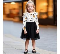 Vestito lungo da ragazza con stampa integrale di fantasmi e zucche, collo rotondo, maniche lunghe a volant, fiocco e rete, elegante e carino, adatto per feste di ragazze, primavera/autunno 6Y,7Y,4Y,5Y