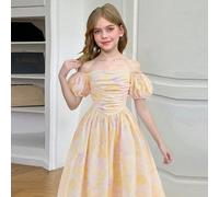 Vestito lungo da ragazza tween con una spalla, maniche a palloncino, fiori intrecciati, arricciato e plissettato, ampia gonna ad A, elegante, adatto per resort, vestiti da ragazza tween, carino 8Y,9Y,