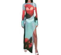 Vestito Lungo Donna Elegante Cerimonia Vestito da Cocktail Floreale Tulle Trasparente Abiti Lunghi con Spacco Manica Lunga Bohemien Sexy Abito da Sera Abito da Festa Mare Spiaggia (Floreale, S)