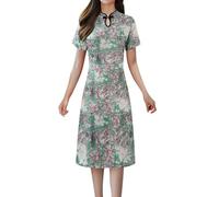 Vestito Lungo Donna Estivo Fiori Cinese Qipao Vestiti Estivi Manica Corta Cheongsam Retrò Tradizionale Stampa Floreale Abito Elegante Primavera Avvolgente Abiti Lunghi Vestibilità Aderente Vintage