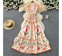 Vestito Lungo Donna Giallo Fantasia Vacanza Elegante Estivo Colorato CF67934