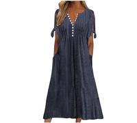 Vestito Lungo Donna Offerta Lampo Abito Casual Estivo Maniche Corte Scollo V Abiti Comodi Donne in Tinta Unita Vestiti con Tasche Swing per Festa Vacanza Dance Quotidiane Anniversario Uscire